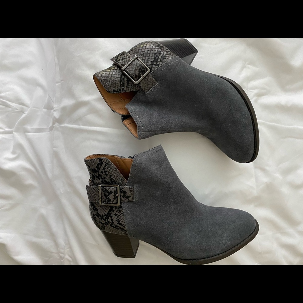 VIONICS Grey Suede boots with Snakeskin trim at heel. NEVER WORN!! 3” heel.